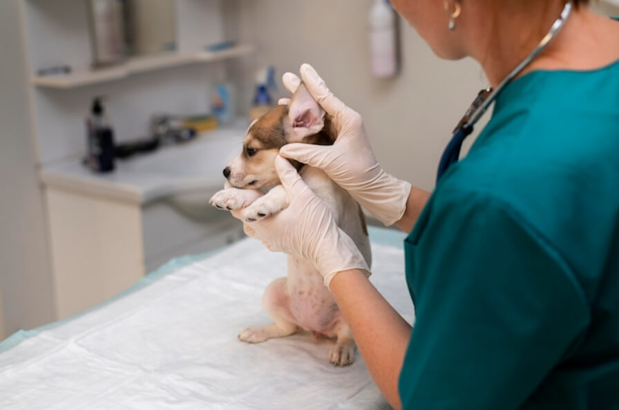 A veterinarian caring for a puppy 