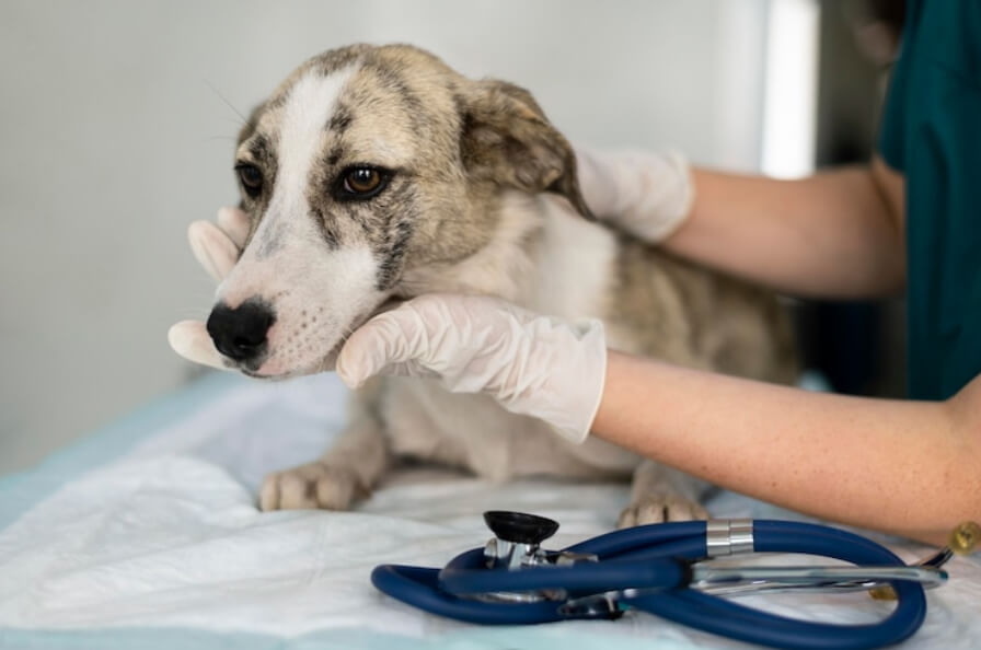 A veterinarian taking care of a dog