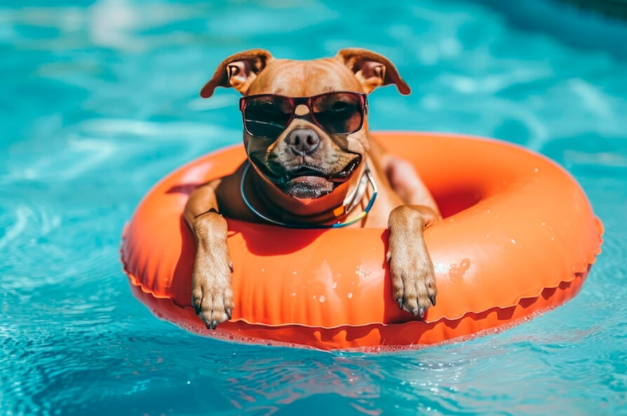Dog with sunglasses and floating ring