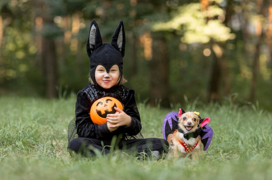 A little boy in bat costume and dog